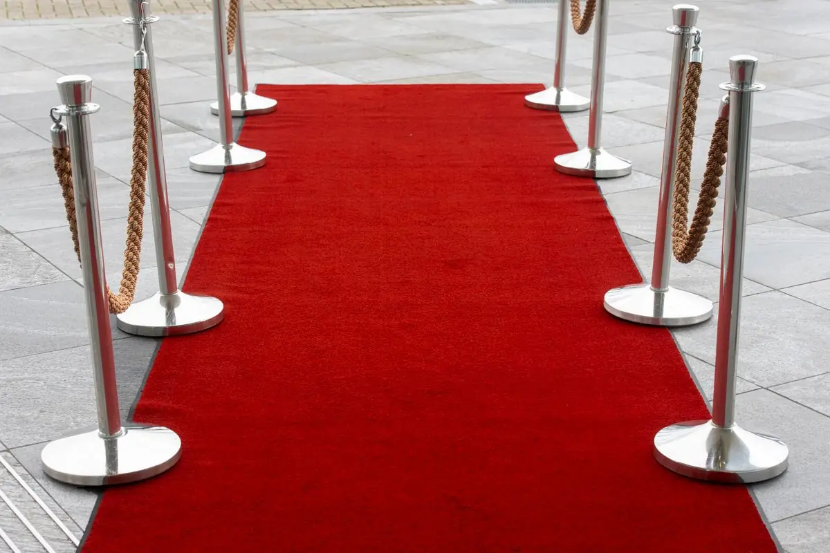 Red carpet runner between chrome stanchions with rope